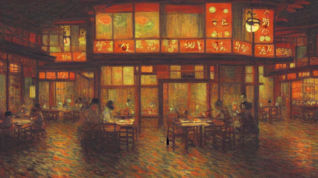 Image similar to cozy Japanese restaurant interior at night, trending on Artstation, Claude Monet painting, hyper detailed, award-winning, picturesque, visually stunning