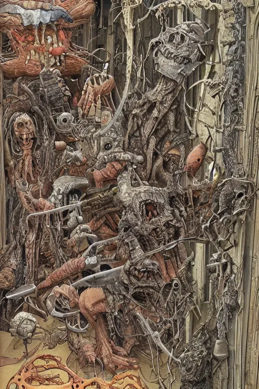 Prompt: a doorway to an impossible nightmare beyond comprehension, very very detailed painting by geof darrow and greg rutowski and hr giger