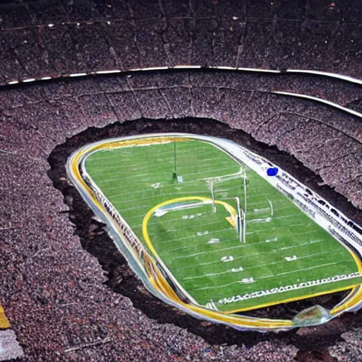 Prompt: breaking news: a sinkhole opens up in the middle of the super bowl