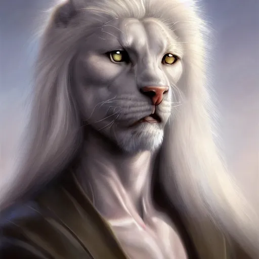 Prompt: portrait, handsome long - haired male anthro albino panther fantasy, rpg game, stern expression, main character, highly detailed, digital painting, artstation, concept art, smooth, sharp focus, illustration, artgerm, tomasz alen kopera, peter mohrbacher, donato giancola, joseph christian leyendecker, wlop, frank frazetta