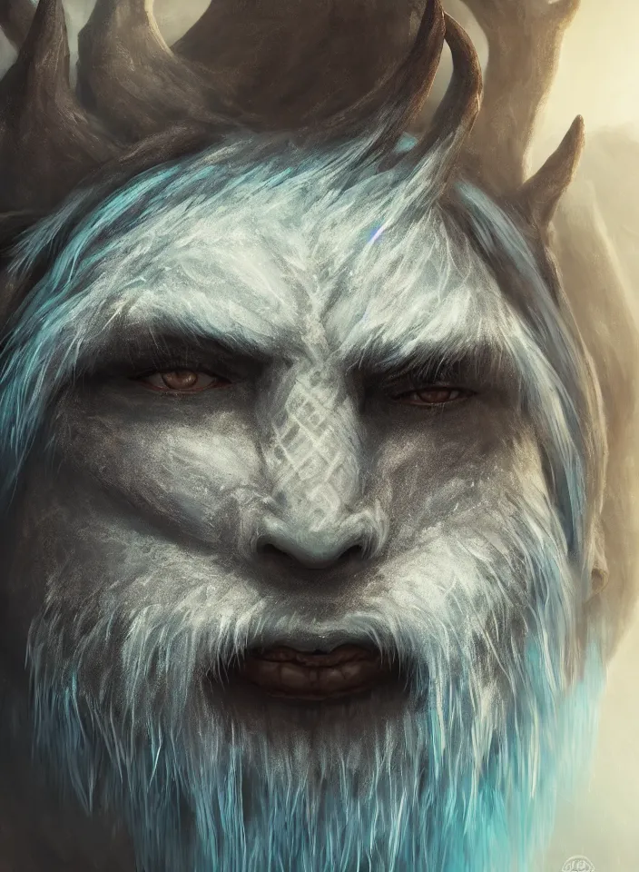 Prompt: a face portrait of a furry ice troll from skyrim, fantasy setting, beautiful face, serene colors, soft lighting, atmospheric, cinematic, moody, in the style of diego koi, gina heyer, luiz escanuela, art by alyssa monk, hyperrealism, rule of thirds, golden ratio, oil on canvas, 8 k