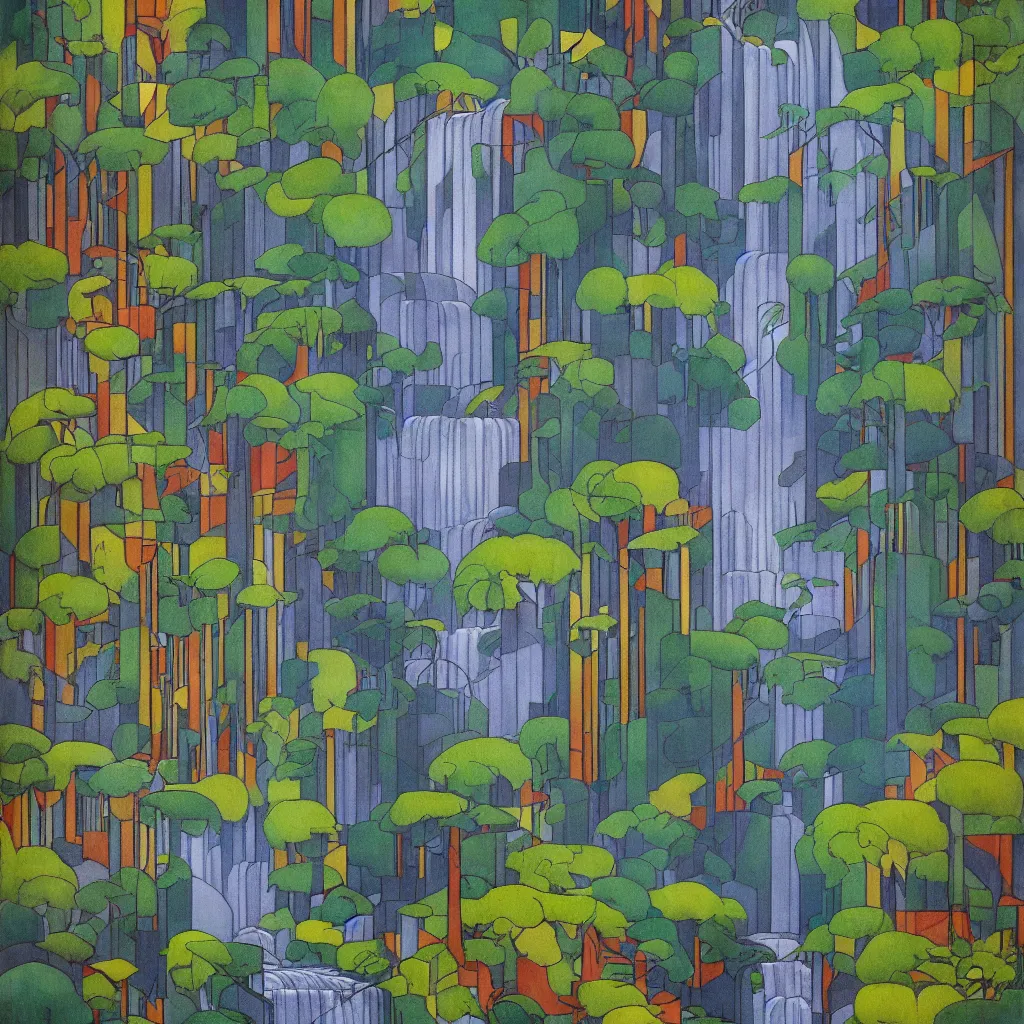 Image similar to isometric artdeco waterfall forest by frank lloyd wright, isometric, painted by piet mondrian