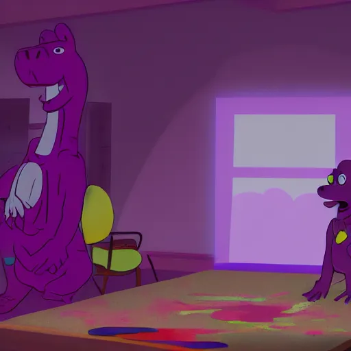 Prompt: still of an episode of barney, in a dim purple lit room, foggy, beautiful, melancholy, trending on artstation