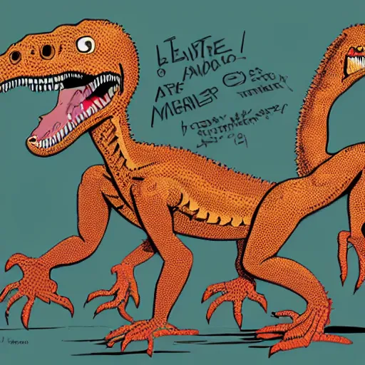 Image similar to a two-headed velociraptor biting a man in half, style of Geof Darrow