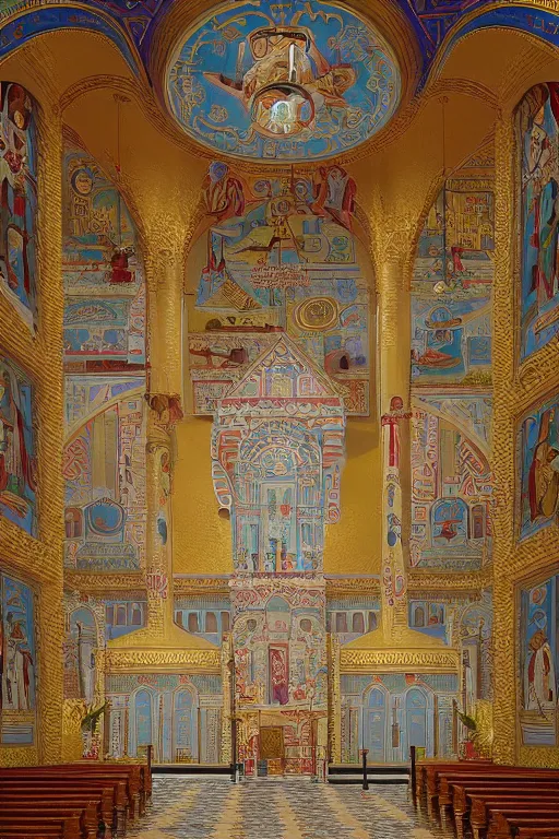 Image similar to scene from wes anderson orthodox cathedral building by helen lundeberg