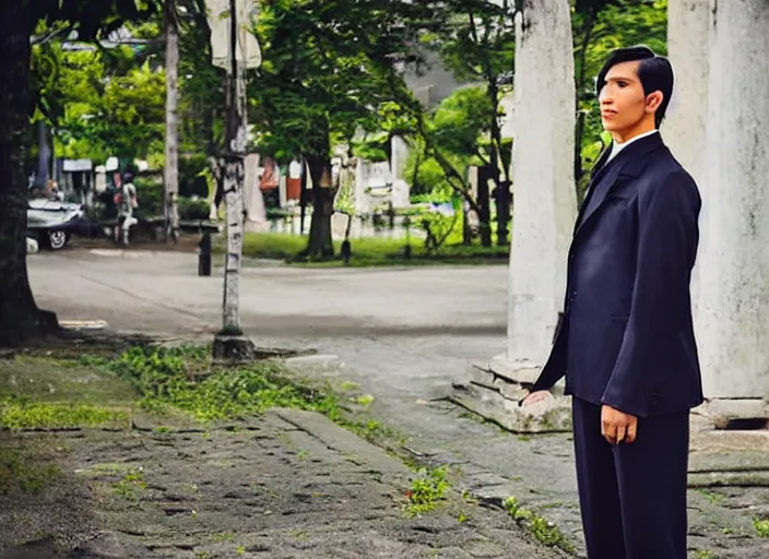 Image similar to outdoor portrait of jose rizal!! as a handsome young man in 2 0 2 2!! wearing stylish modern clothes, photo taken in 2 0 2 0, 3 5 mm f 1. 4 digital photo, matte colors