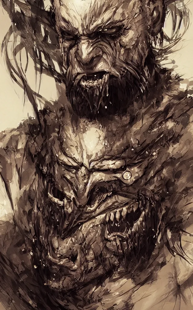 Image similar to a detailed digital art of an intimidating man with nails in two of its eyes and intricate tattoos around the eyes, wide evil grin on the face, by yoji shinkawa, jeszika le vye, mandy jurgens, trending on artstation