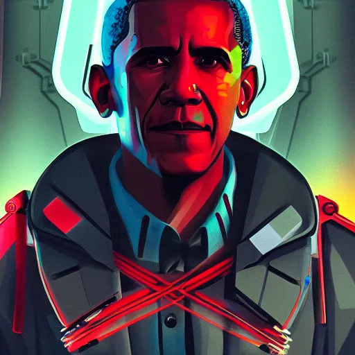 Prompt: cyberpunk barack obama as the leader of a futuristic communist nation, cybernetics, sharp lines, digital, artstation, colored in