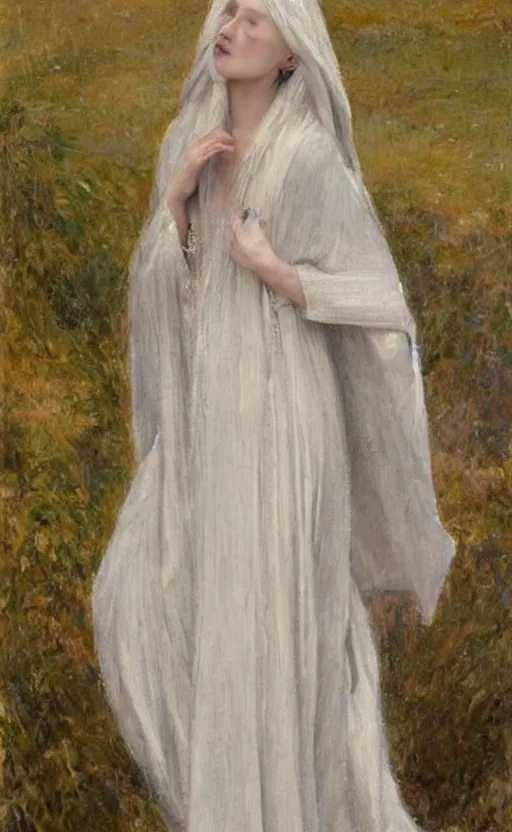 Prompt: who is this angel with silver hair so pale and wan! and thin!?, petite feminine goddess, wearing long silver robes, flowing hair, pale fair skin!!, young cute face, covered!! hair, clothed!! lucien levy - dhurmer, jean deville, oil on canvas, 1 8 9 6, 4 k resolution, aesthetic!, mystery