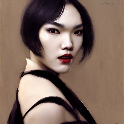 Image similar to detailed cinematic wide shot of beautiful attractive tao okamoto asian vampire woman wearing black bath robe slim face symettrical face clean skin black eyes black robe smooth, sharp focus, ultra realistic, spring light, painting by gaston bussiere, craig mullins, j. c. leyendecker