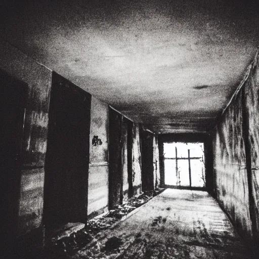 Image similar to insane nightmare, no light, everything is blurred, creepy shadows, haunted house, prison in the basement, very poor quality of photography, 2 mpx quality, grainy picture