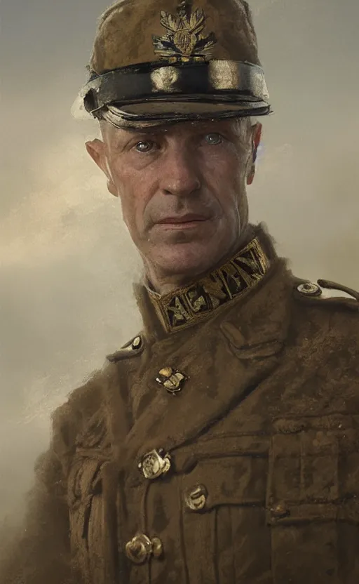 Image similar to official portrait of a British general WWI, detailed face, 20th century, highly detailed, cinematic lighting, digital art painting by greg rutkowski