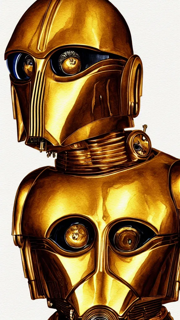 Prompt: a portrait of c - 3 po in watercolor. color harmony, 8 k detail, gallery quality, hd wallpaper, premium prints available, hyper - detailed, intricate design.