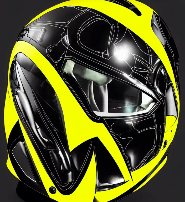 Image similar to futuristic yellow racing helmet with headset and chrome visor, a fusion of punk, cybertech and mad max aesthetics, neon trims, by kawakubo rei, takada kenzo and laurie greasley