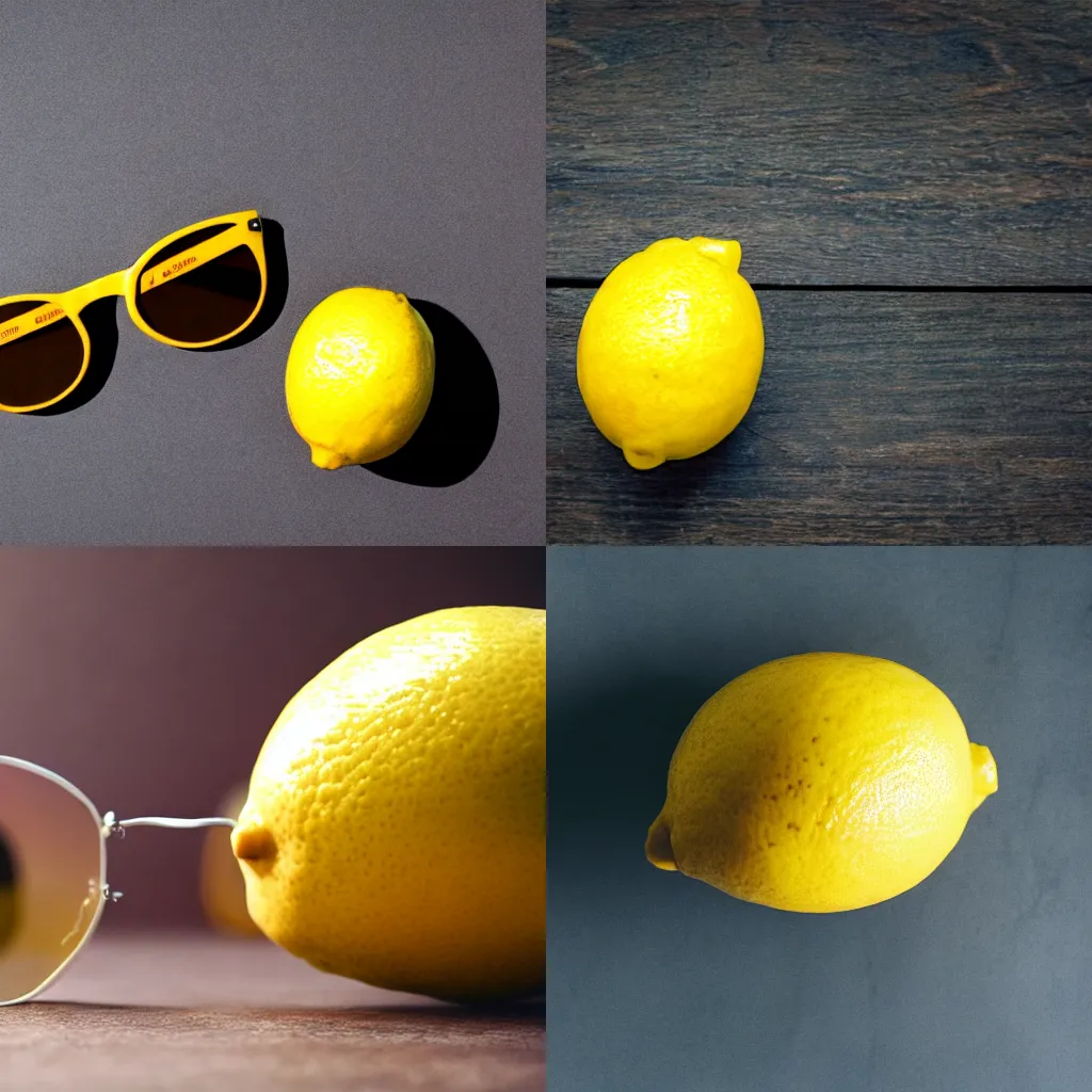 Prompt: a photograph of a lemon with dark sunglasses