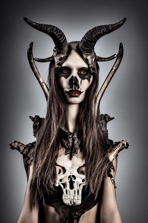 Prompt: a beautifull demon model, wearing organic bone armor, luxury materials, symmetrical, cinematic, elegant, professional studio light, real dlsr photography, sharp focus, 4 k, ultra hd, sense of awe, high fashion