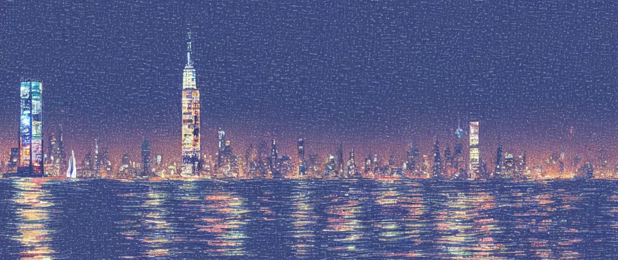 Prompt: carrier ship sailing on flooded miniature new york city at night, raining, art by yoshitaka amano, and artgerm, pixel art