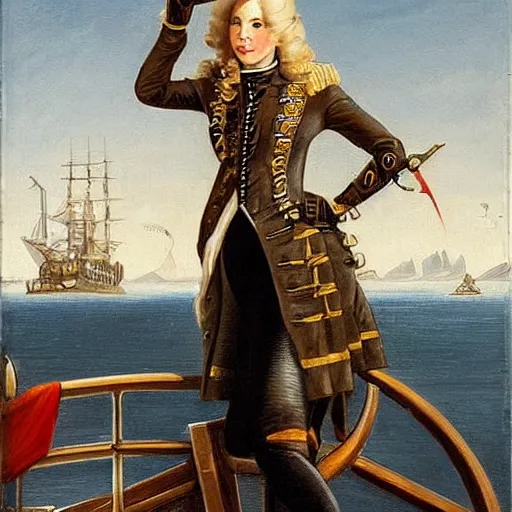 Prompt: a fierce, beautiful, friendly, calm, blonde, well - dressed, steampunk, covered, armed, pirate captain, standing on the deck of her ship gazing at the horizon through a spyglass ready for battle in 1 7 3 0, masterful painting