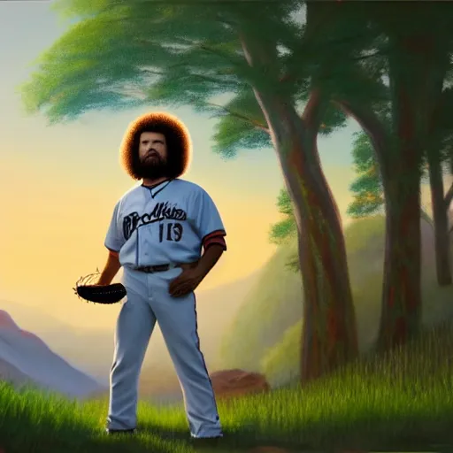 Image similar to a closeup photorealistic photograph of bob ross painting kenny powers dressed in baseball uniform onto a canvas. mountains and trees. film still. brightly lit scene. this 4 k hd image is trending on artstation, featured on behance, well - rendered, extra crisp, features intricate detail, epic composition and the style of unreal engine.