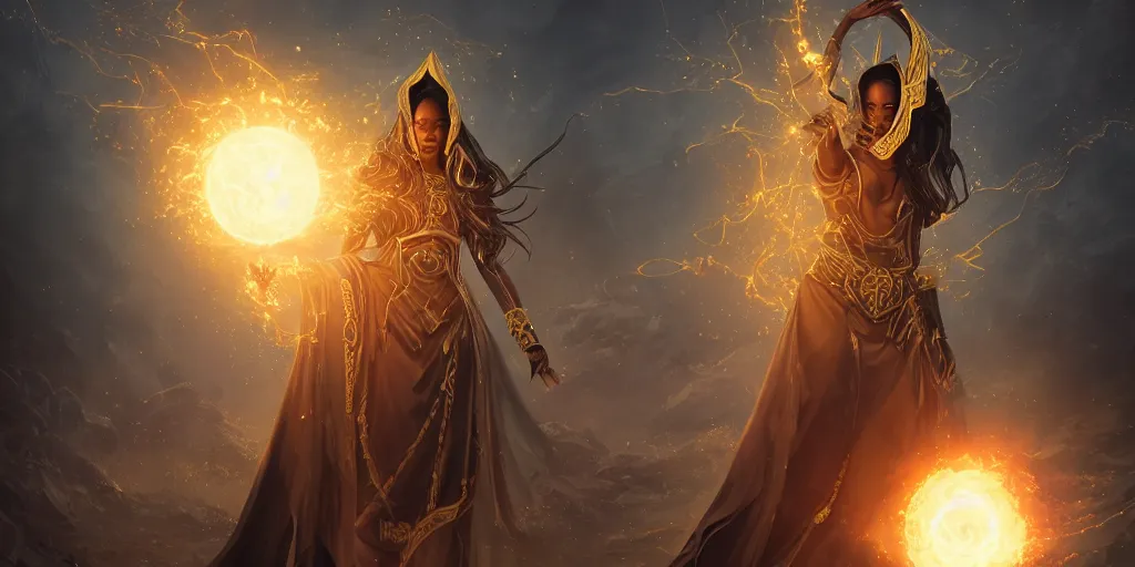 Image similar to gorgeous black woman as a spellcaster mage, dynamic pose full body, hand holding a golden fireball spell, intricate flowing robes, black and golden cloak and hood, Octane render, rule of thirds, golden ratio, 8k, Peter Mohrbacher
