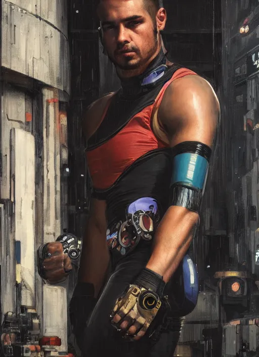 Image similar to buff cyberpunk olympic boxer with robotic arms and cybernetic eyepiece wearing a jumpsuit ( blade runner 2 0 4 9, cyberpunk 2 0 7 7 ). orientalist portrait by john william waterhouse and james gurney and theodore ralli and nasreddine dinet, oil on canvas. cinematic, hyper realism, realistic proportions, dramatic lighting, high detail 4 k