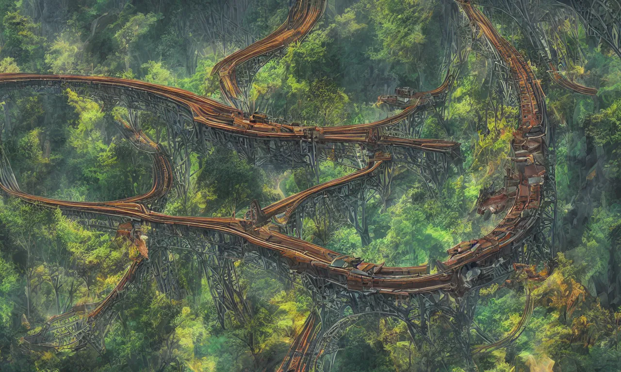 Image similar to dragons, forested hills and interconnected high speed rails, digital art, 3 d, illustration