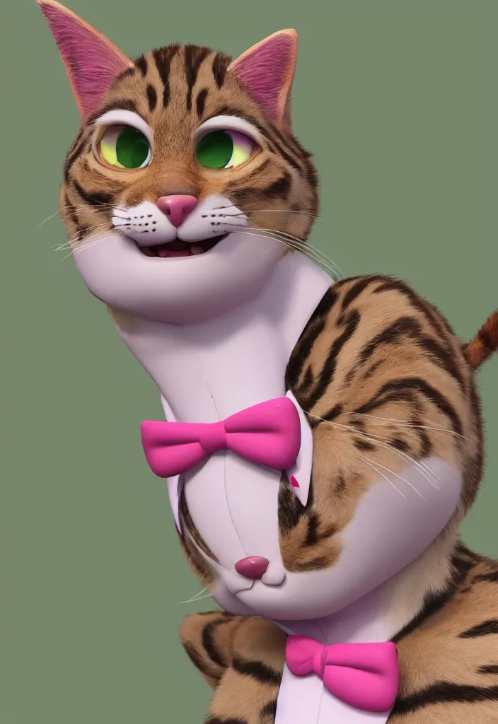 Image similar to 3d render , anthropomorphic male tabby cat,wearing a pink tux ,style of Zootopia, 8K HD Resolution, High quality image