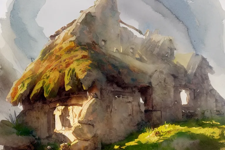 Prompt: small centered on watercolor paper, paint brush strokes, abstract watercolor painting of ancient viking house ruins, cinematic light, national romanticism by hans dahl, by jesper ejsing, by anders zorn, by greg rutkowski, by greg manchess, by tyler edlin