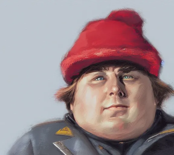 Prompt: a hyper-detailed portrait of Eric Cartman by Craig Mullins; oil on canvas; trending on artstation; 90mm; f/1.4