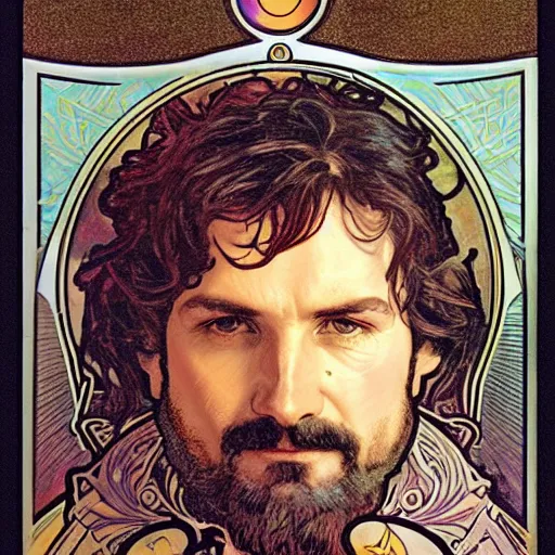 Image similar to gordon freeman portrait by louis - theophile hingre and alphonse mucha, realistic, sharp focus, zodiac signs, tarot cards, planets, ethereal, art nouveau, magic, moon, sun, crown, dreamy, royal, jewellery