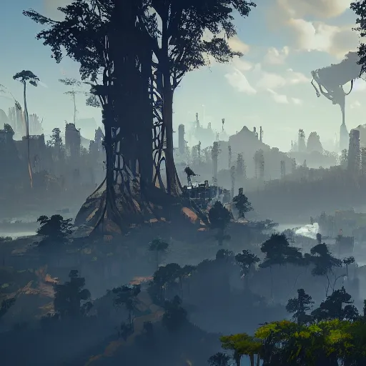 Image similar to A Landscape with a city in the style of horizon zero dawn