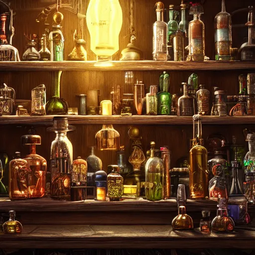 Image similar to An intricate scene with a lot of magic bottles and mechanisms of an alchemist, other bookshelves with bottles and alchemy stuff in the background::fantasy, detailed concept art, artstation, high details::8K, 4K, sharp focus, octane render