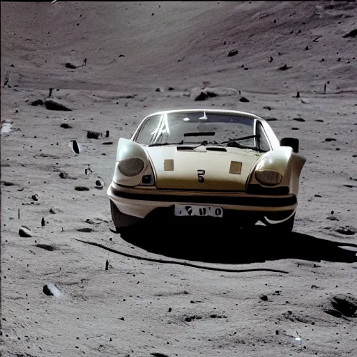 Image similar to vintage photo of a porsche 911 on the moon. apollo moon landing