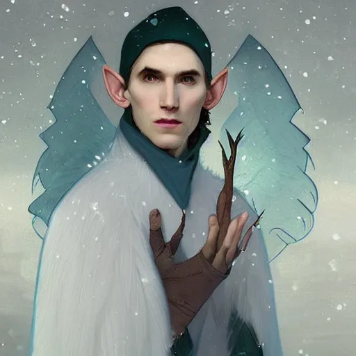 Image similar to portrait of a handsome pointy - eared male snow elf in a turquoise cape, albino skin, pointy ears, mid - shot, moonlight snowing, ethereal opalescent mist, winter vibes, perfect face, elegant, very coherent symmetrical artwork, by greg rutkowski, alphonse mucha, charlie bowater, trending on artstation