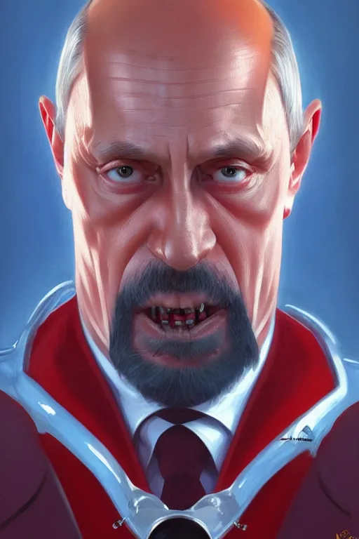 Image similar to vladimir putin as an evil stupid robotnik dr eggman, realistic portrait, symmetrical, highly detailed, digital painting, artstation, concept art, smooth, sharp focus, illustration, cinematic lighting, art by artgerm and greg rutkowski and alphonse mucha