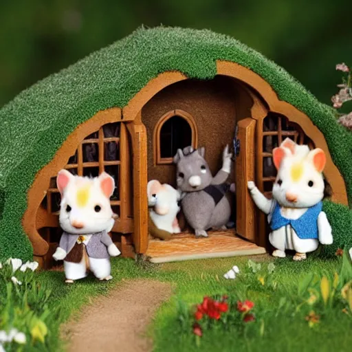 Prompt: lord of the rings calico critters in the shire