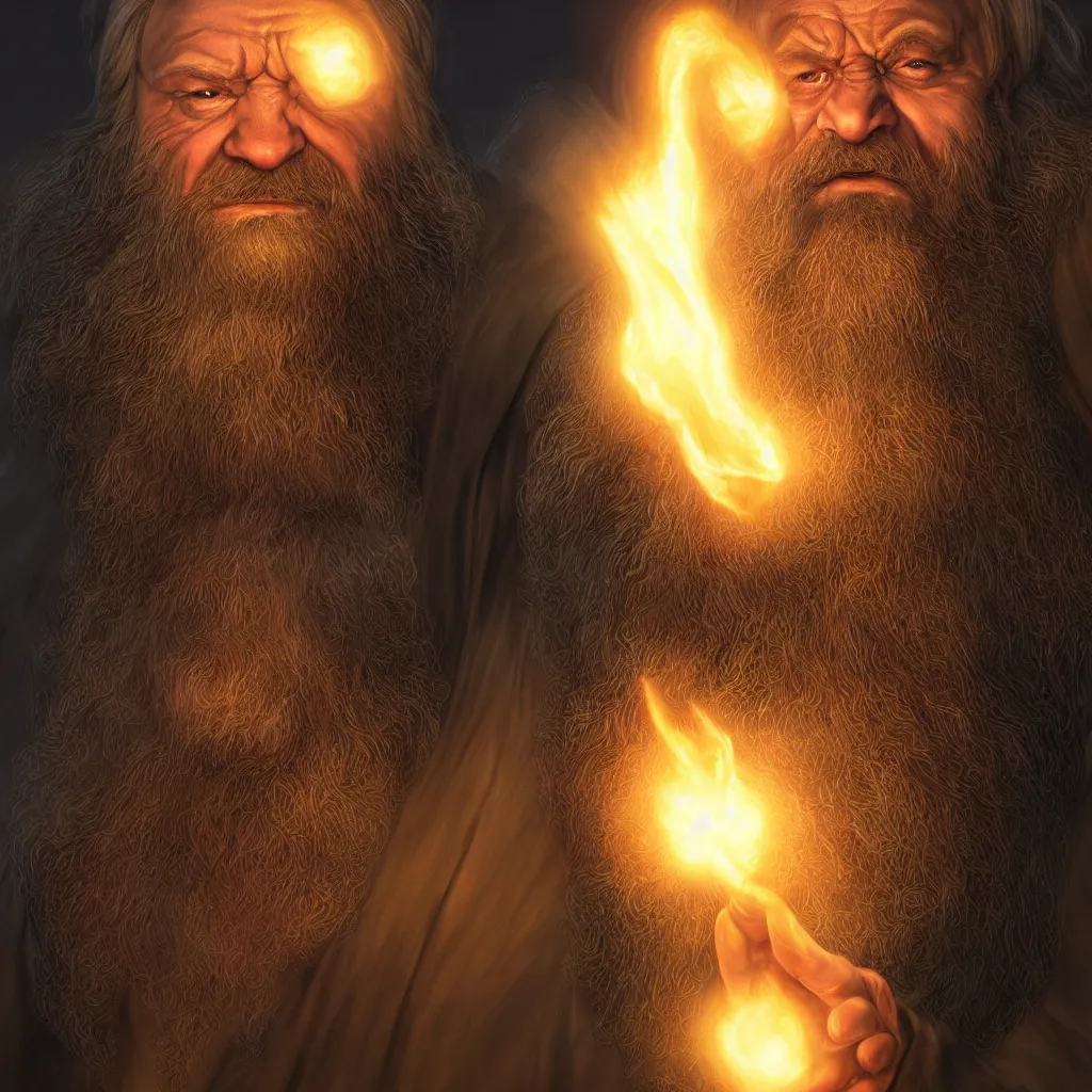 Prompt: Photorealistic cinematic close-up portrait of one angry dwarf wizard casting a fireball spell, by Larry Elmore and Steven Belledin . Magical occult photorealism, UHD, amazing depth, glowing, golden ratio, 3D octane cycle unreal engine 5, volumetric lighting, cinematic lighting, cgstation artstation concept art