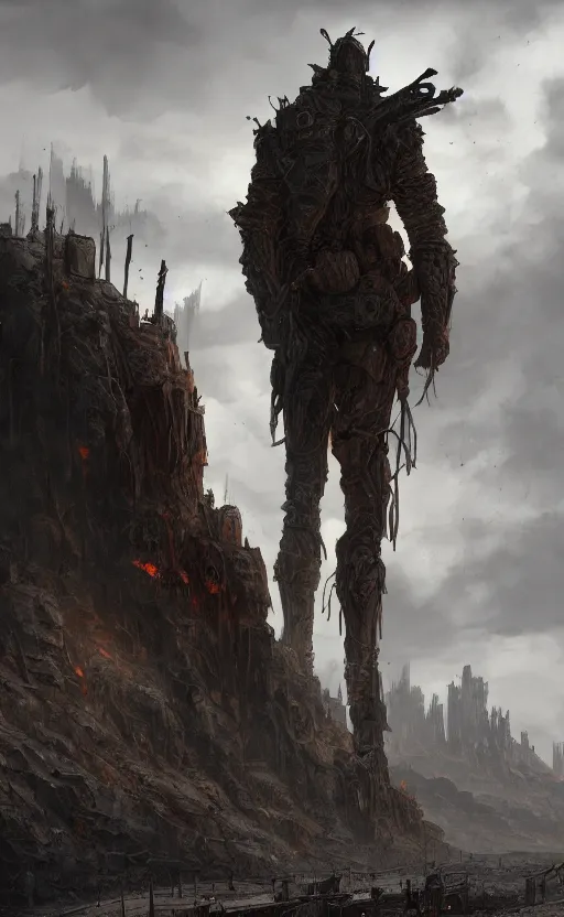 Image similar to a giant looking at a post - apocalyptic landscape, from behind, cinematic lighting, ruined, flames, very detailed, intricate, digital painting by greg rutkowsky and artgerm, artstation, concept art