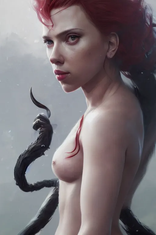 Image similar to a portrait of Scarlett Johansson as a succubi by Greg Rutkowski, Sung Choi, Mitchell Mohrhauser, Maciej Kuciara, Johnson Ting, Maxim Verehin, Peter Konig, final fantasy , mythical, 8k photorealistic, cinematic lighting, HD, high details, atmospheric,