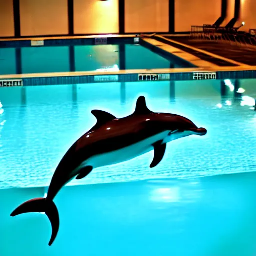 Prompt: Bottlenose Dolphin Swimming in a Hotel's Large Indoor Pool, Dim Lighting, Photograph Taken from the Edge of the Pool