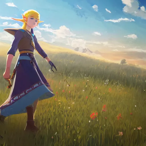 Image similar to zelda in a field. cgsociety masterpiece, artstation trending, by rossdraws, ghibli, kimi no na wa, greg rutkowski, simon stalberg, greg manchess