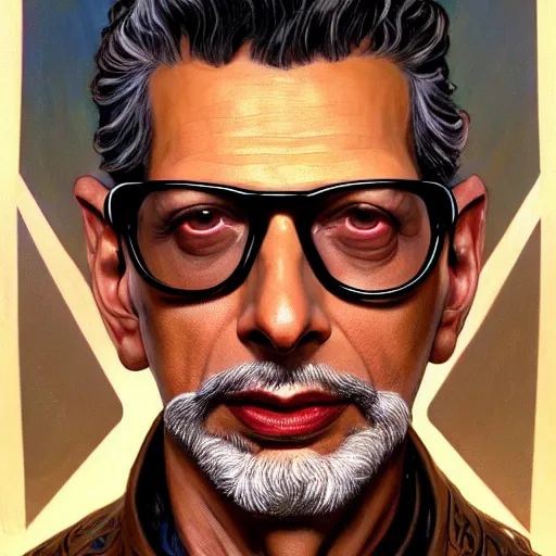 Prompt: full portrait of jeff goldblum as duke nukem, fantasy, d & d, intricate, detailed, by by alphonse mucha, adolfo hohenstein, alice russell glenny, stanley artgerm lau, greg rutkowski, detailed, trending on artstation, trending on artstation, smooth