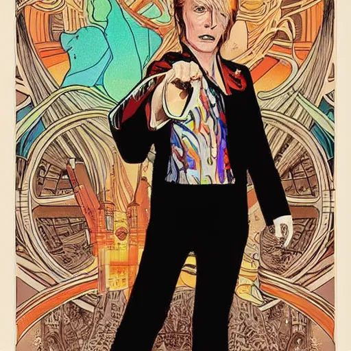 Prompt: david bowie as dr who, mucha style,