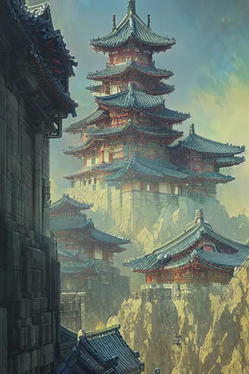 Image similar to cyberpunk Korean ancient castle, fantasy, painting by greg rutkowski and alphonse mucha