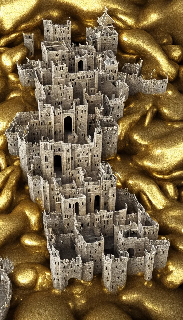 Prompt: highly detailed photo of ancient castle made of gold and silver in the middle of nowhere, hyper realistic, concept art, 8 k detail post - processing