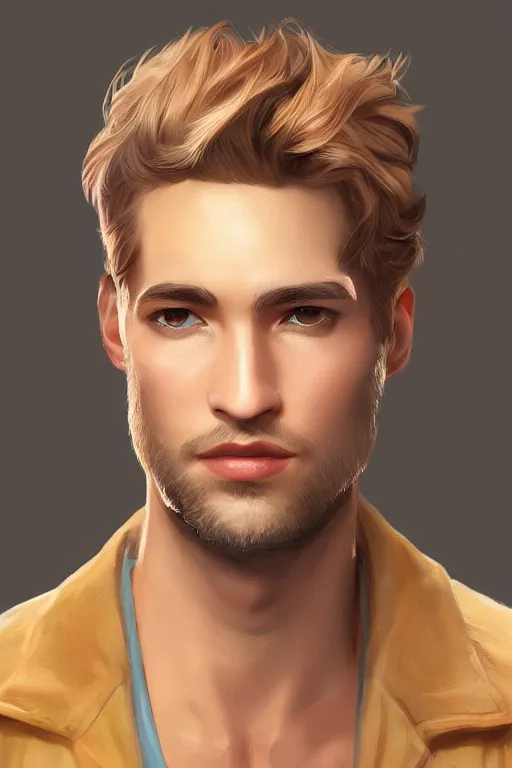 Image similar to portrait of a handsome man with light brown hair with sparkling hazel eyes, art by Christopher Doyle, stylized, detailed, pastel colors, warm tones, Trending on artstation, artstationHD, artstationHQ, 4k, 8k