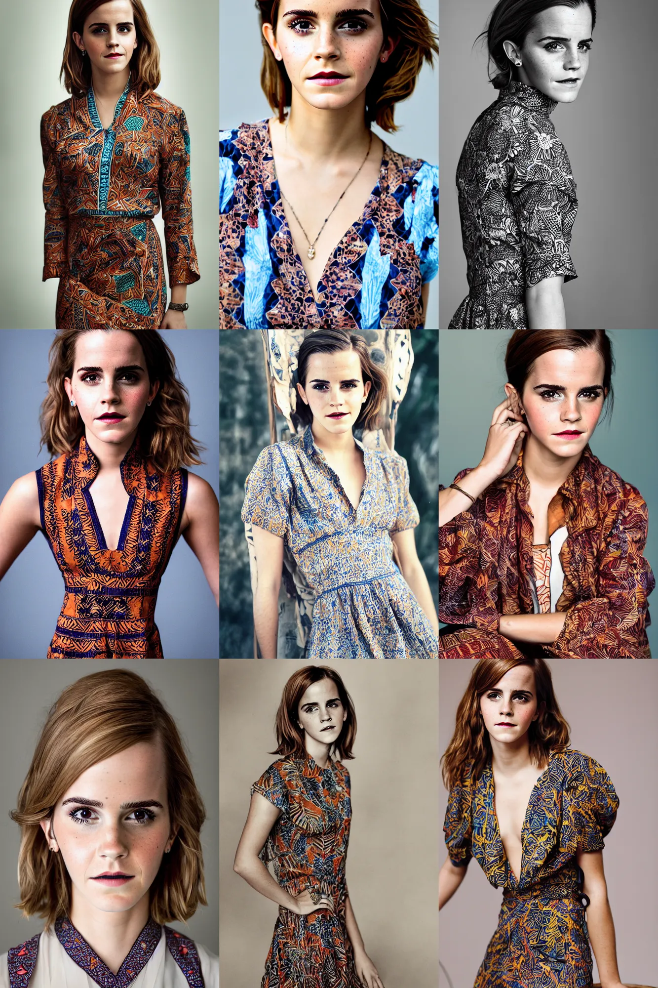 Prompt: a portrait of emma watson wearing batik dress, full body shot, perfect symmetrical body, perfect symmetrical face, by charlotte grimm, natural light, detailed face, canon eos c 3 0 0, ƒ 1. 8, 3 5 mm, 8 k, medium - format print