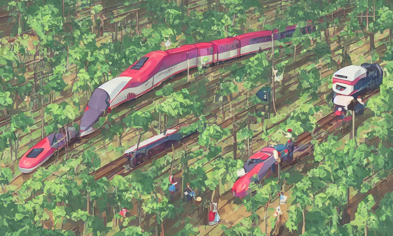 Prompt: ticket conductor and a thief on a bullet train riding forested blobs, digital art, 3d, illustration