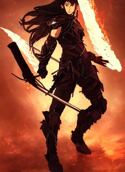 Image similar to Half body portrait of a young prodigy elven warrior wielding fire sword. In style of Yoji Shinkawa and Hyung-tae Kim, trending on ArtStation, dark fantasy, great composition, concept art, highly detailed, dynamic pose.