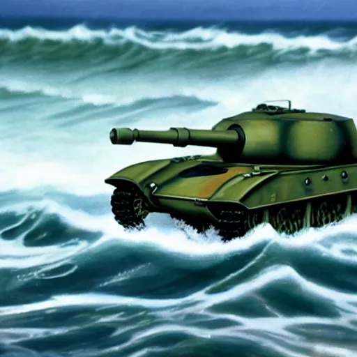 Image similar to a T-34 emerging from Ocean waves, hyperrealistic